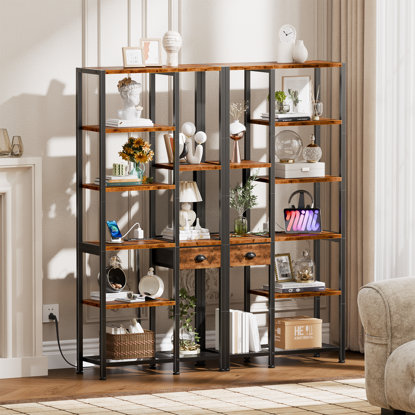 Furologee 6-Tier Bookshelf with Charging Station