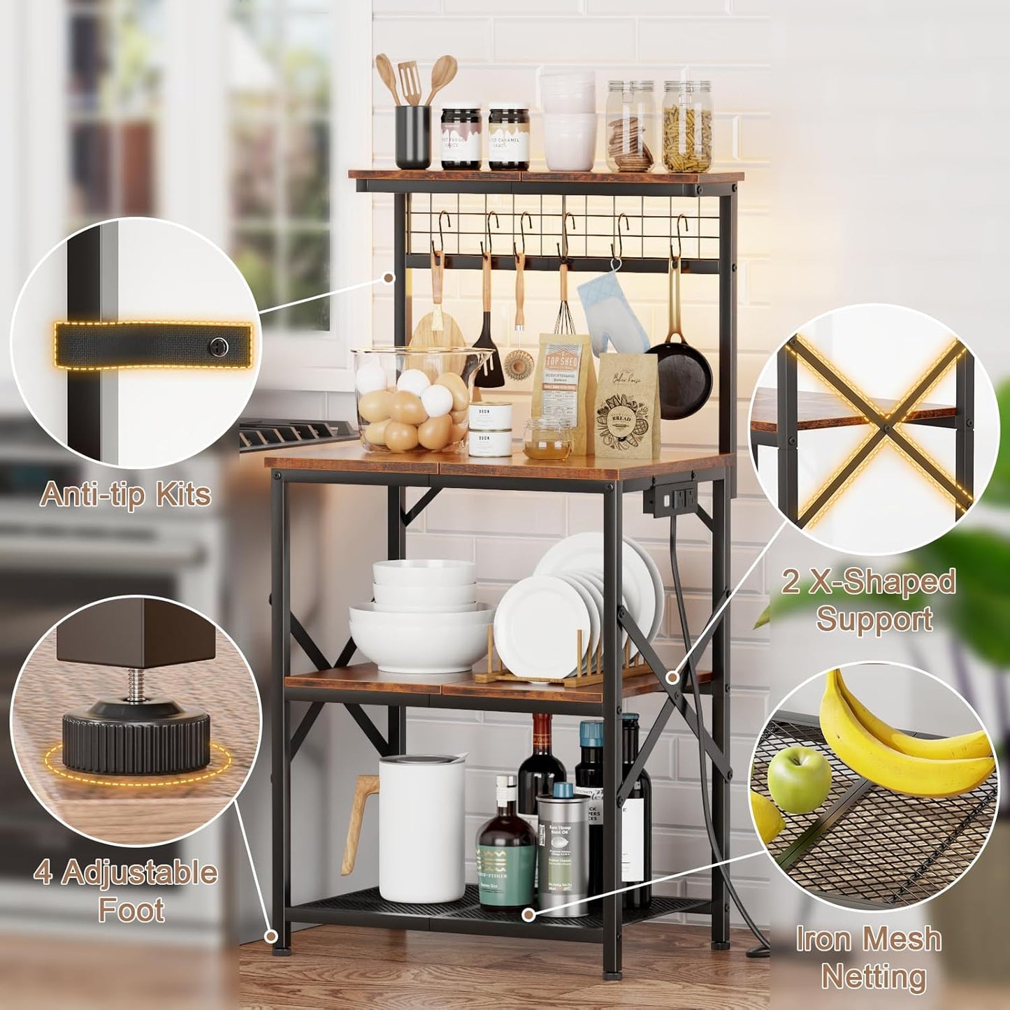 Furologee Kitchen Bakers Rack with LED Light & Outlet, Microwave Coffee Bar Stand with Storage Shelves & Hooks