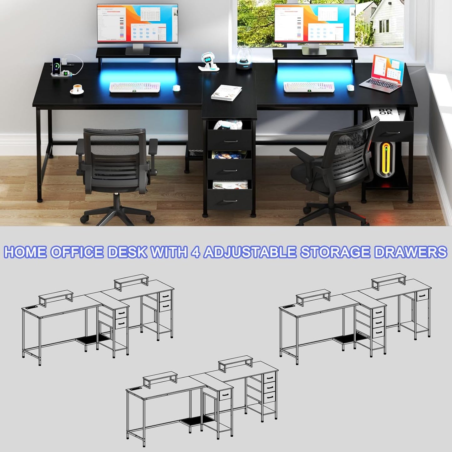 Double Desk w/ Power Outlet & LED Light, 2 Monitor Stands, 4 Storage Drawers – Black