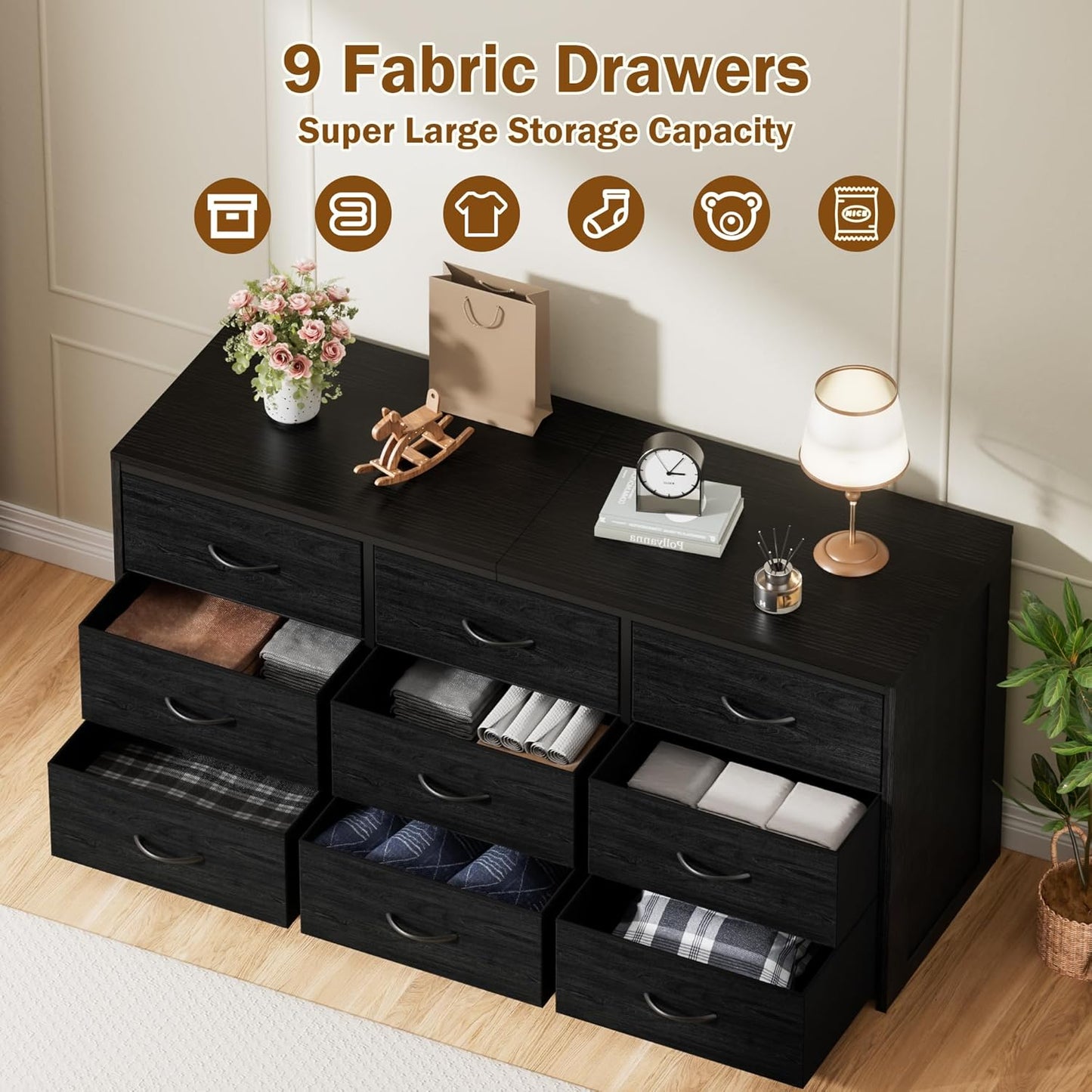 Black Dresser for Bedroom, Long Dresser for Closet, 9 Drawer TV Stand for 65 Inch TV, 15.75” Deepth Fabric Drawer, Chest of Drawer Large Storage Organizer, Hallway Furniture, Wooden Top Side