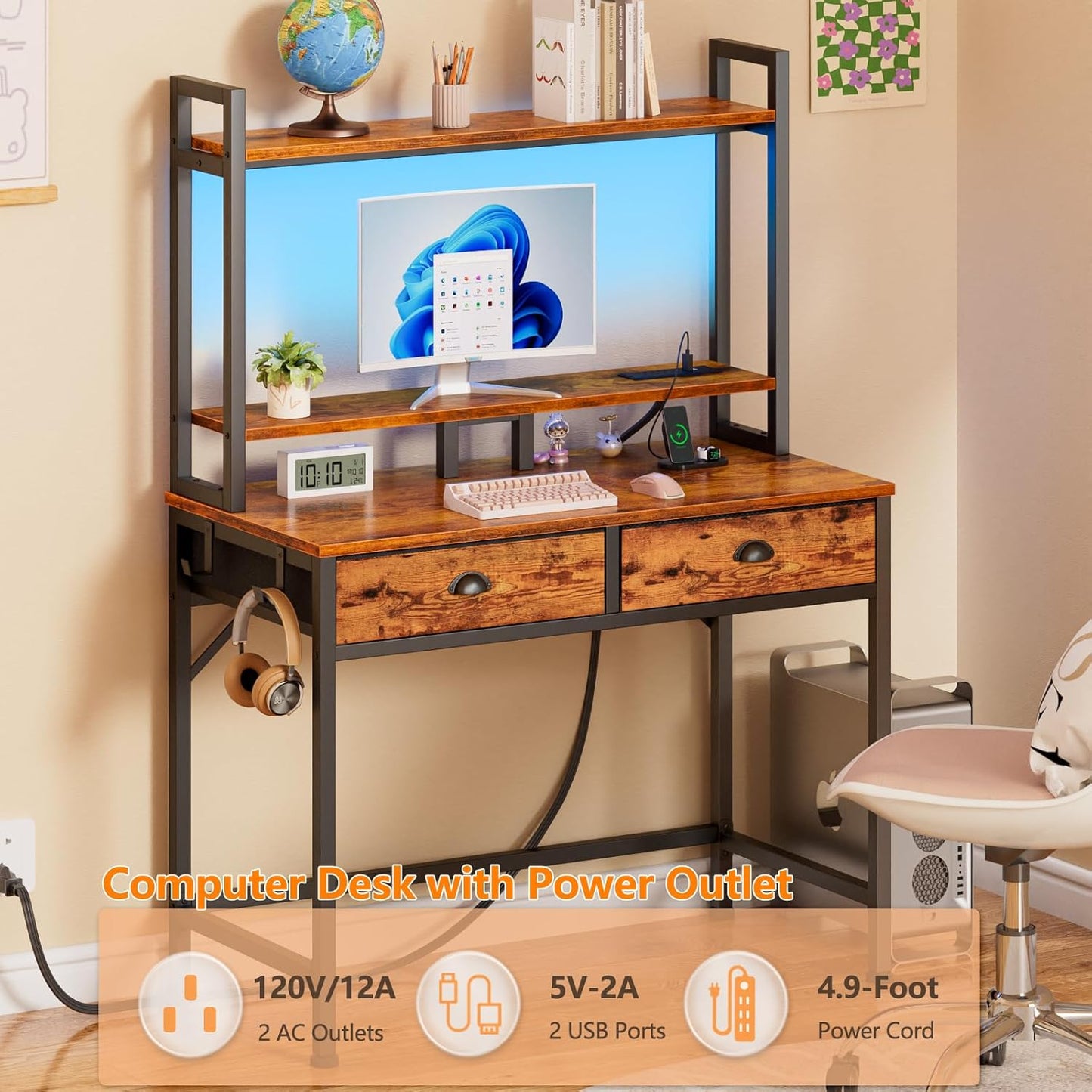 Furologee 36” Computer Desk with Hutch, LED & Power Outlet, Rustic Writing Table with Storage