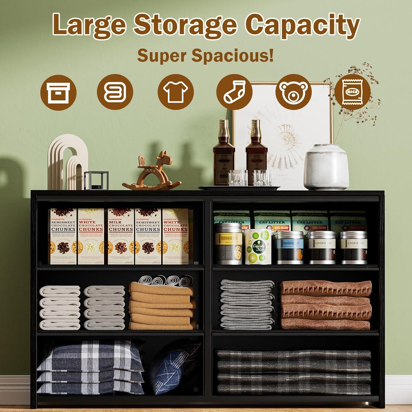 6 Drawer Dresser for Bedroom, TV Stand for 55” TV, Black Dresser for Closet, Entryway, 15.75” Deepth Fabric Drawer, Large Storage Organizer, Wooden Top and Side Board, Sturdy Steel Frame