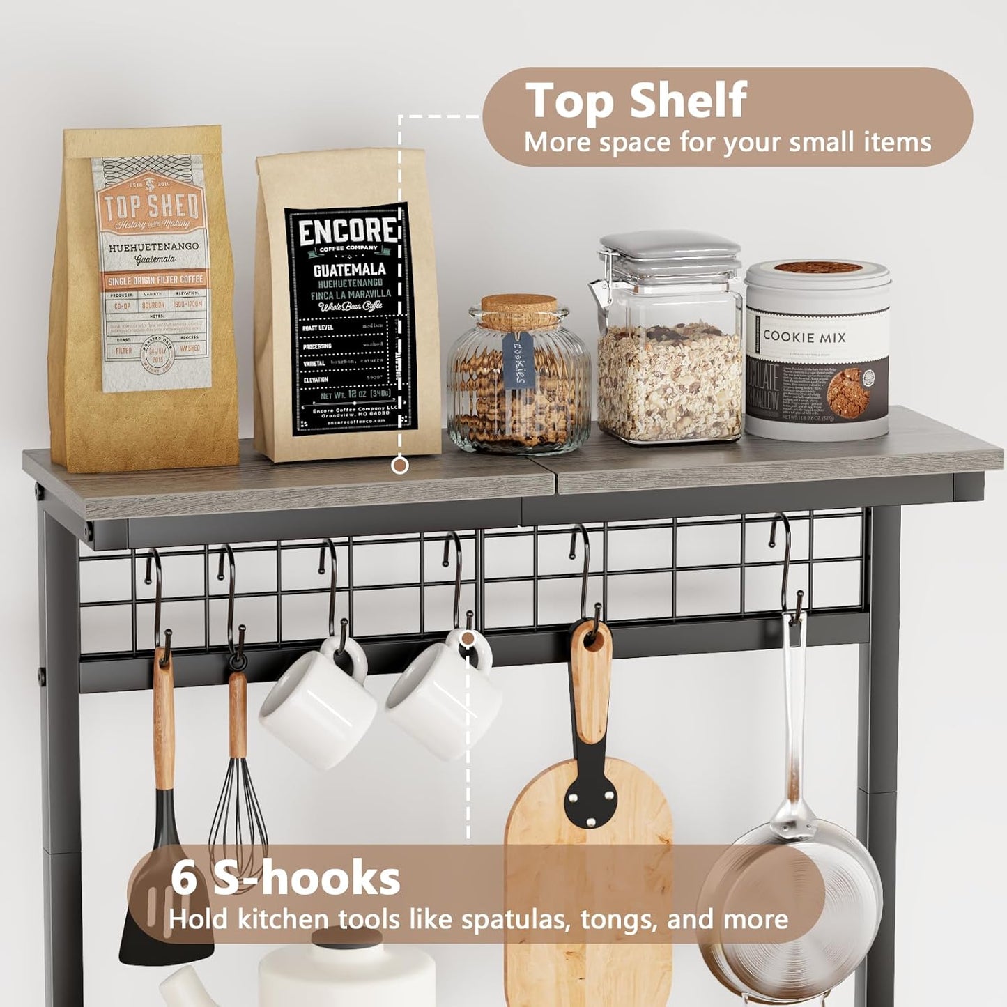 Furologee 4-Tier Kitchen Baker’s Rack with Pegboard & Hooks – Microwave Stand, Coffee Bar Station, Storage Shelf for Spices & Cookware, Black Oak