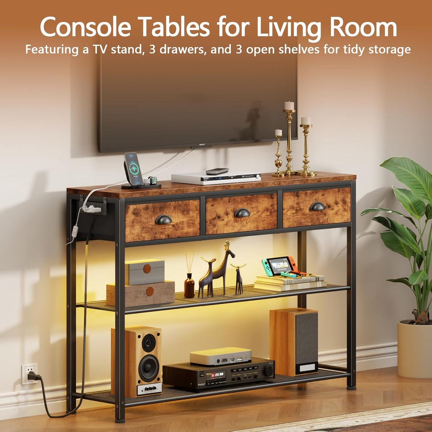 Furologee 38" Entryway Table with LED, Charging Station & 3 Fabric Drawers – Rustic Console Table with Storage Shelves