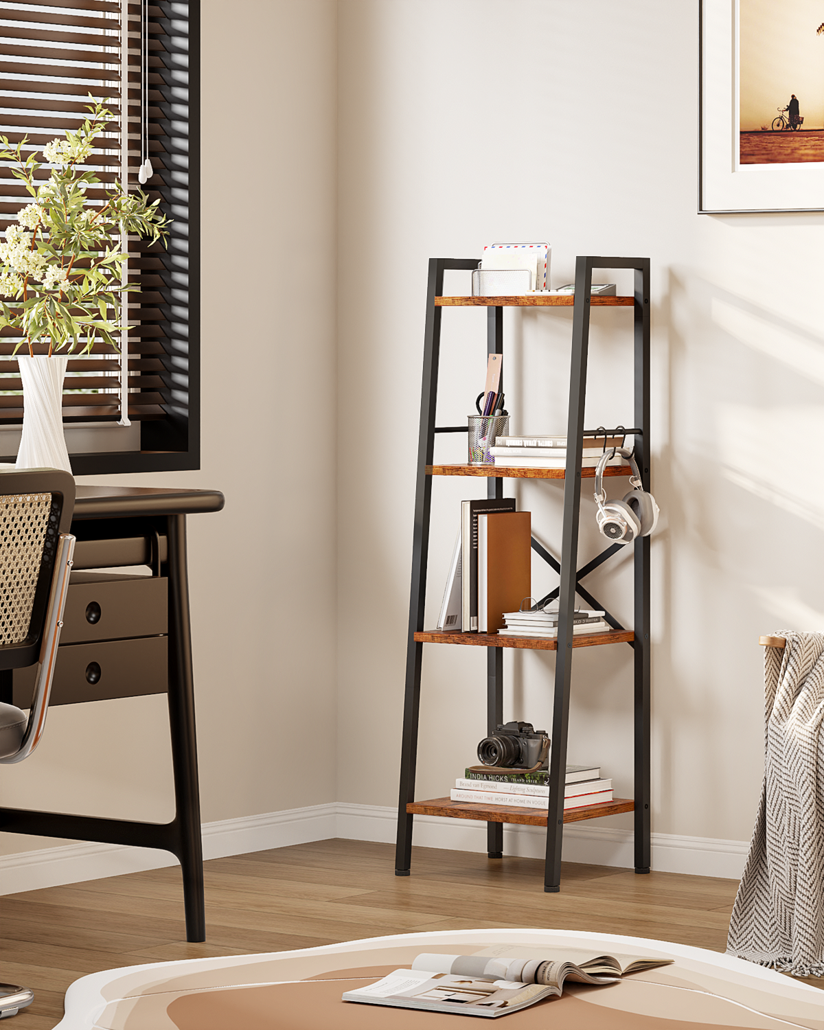 Furologee 4 Tier Ladder Bookshelf Narrow, Metal Wooden Ladder Shelf Bookcase with 2 Hooks