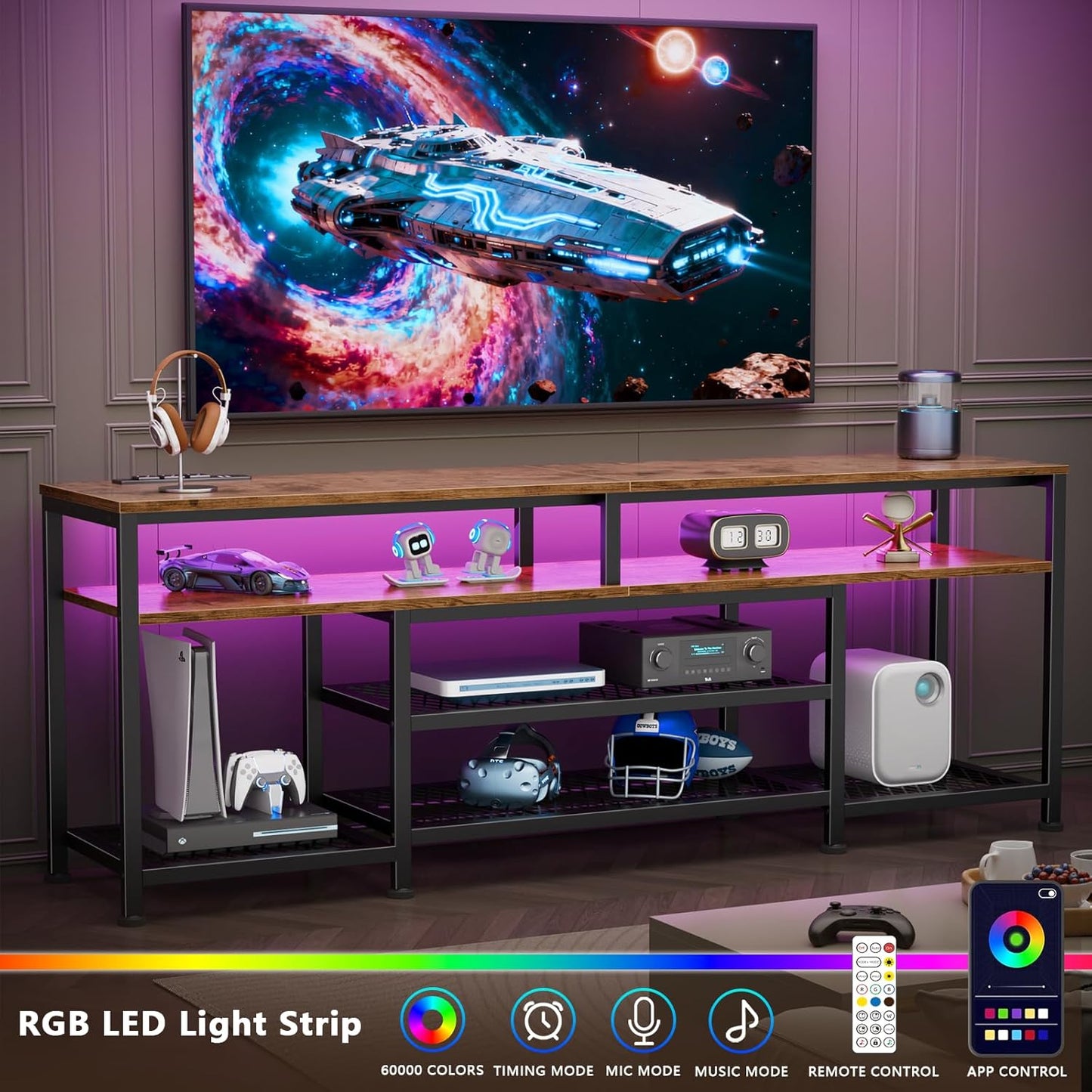 Furologee TV Stand with Power Outlets and LED Lights, 63 Inch Entertainment Center for 60 65 70 Inch TVs, Media Console Table with Open Shelves, for Bedroom, Living Room, Rustic Brown