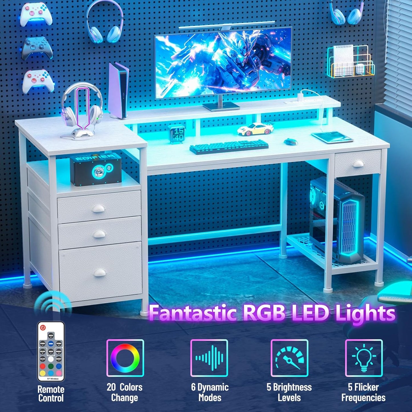 Furologee 60" Gaming Desk with LED Light & Charging Station – Dual Monitor Stands & Storage Cabinet for Home Office