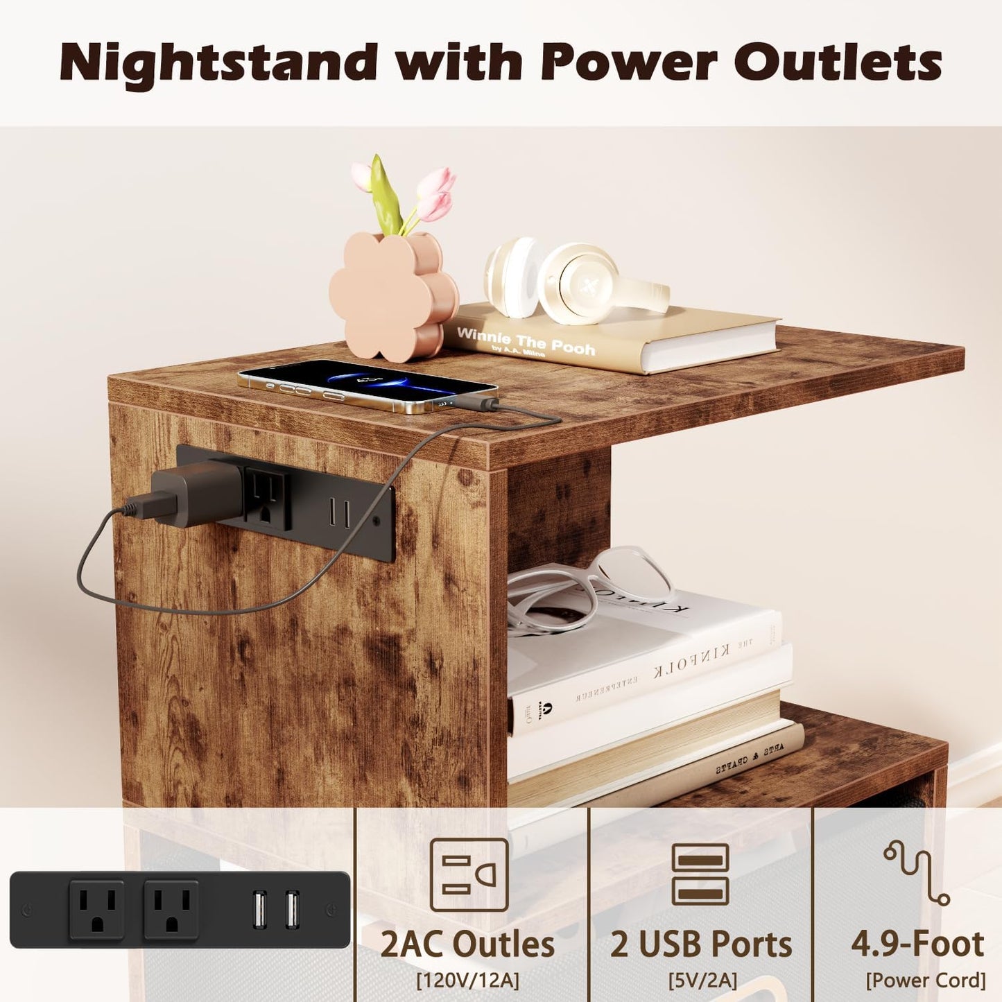 Modern 3-Tier Bedside Table with Charging Station and Storage Drawer, Wood Nightstand for Small Spaces in Bedroom or Living Room
