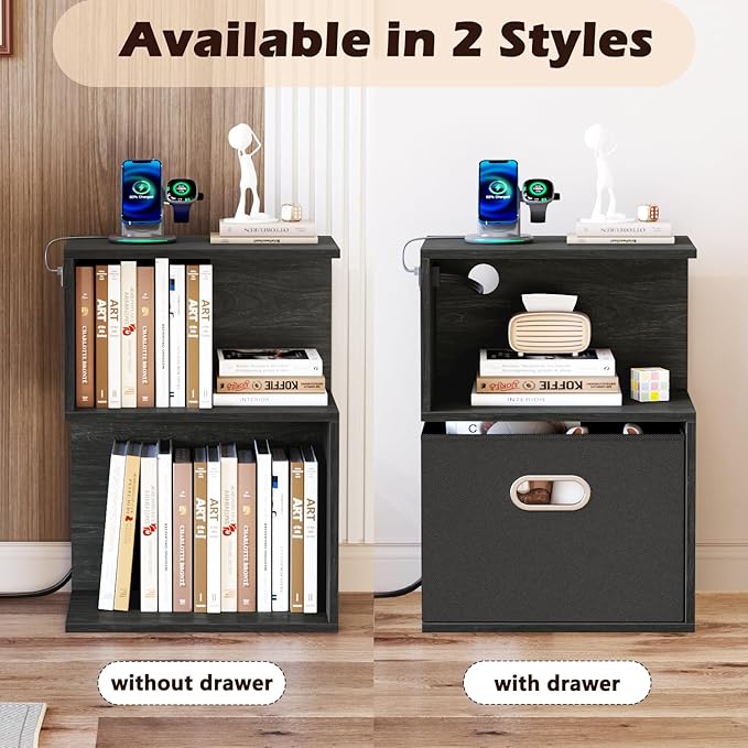 Modern 3-Tier Bedside Table with Charging Station and Storage Drawer, Wood Nightstand for Small Spaces in Bedroom or Living Room