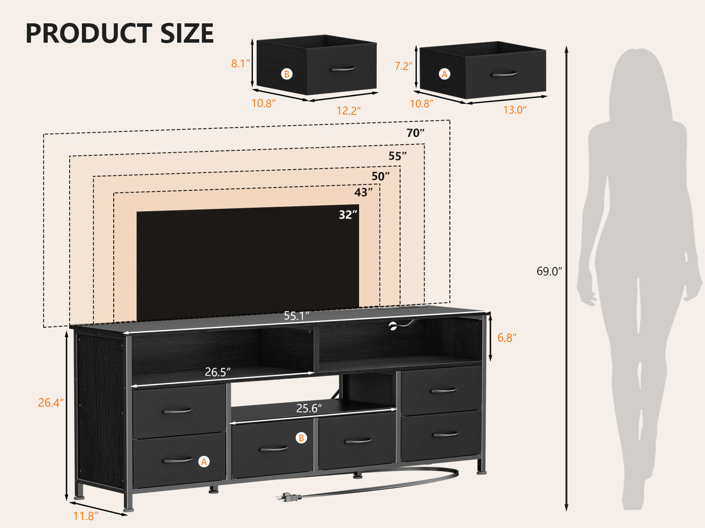 Furologee 55" LED TV Stand for Bedroom with Power Outlets, Entertainment Center with 6 Fabric Drawers for 50/55/60 inch TVs