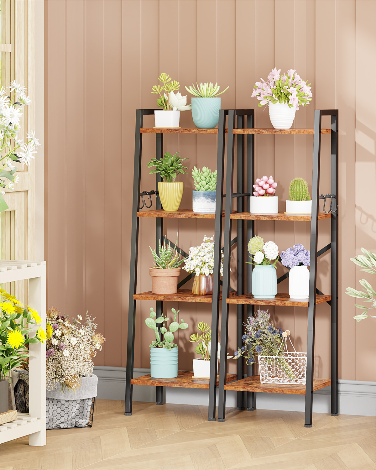Furologee 4 Tier Ladder Bookshelf Narrow, Metal Wooden Ladder Shelf Bookcase with 2 Hooks