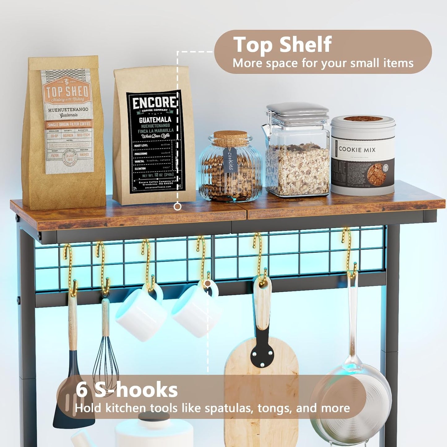 Furologee Kitchen Bakers Rack with LED Light & Outlet, Microwave Coffee Bar Stand with Storage Shelves & Hooks
