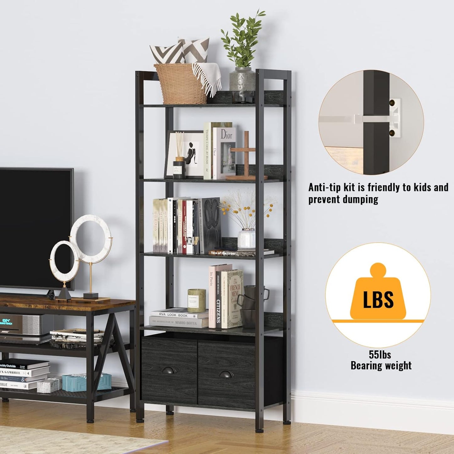 Furologee 5-Tier Bookshelf with Drawers – Tall Industrial Bookcase for Living Room or Office