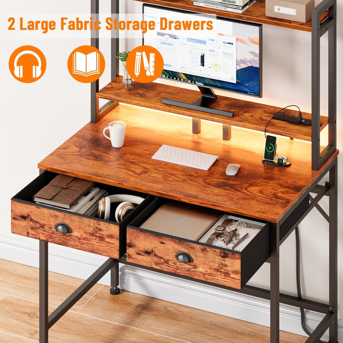 Furologee 36” Computer Desk with Hutch, LED & Power Outlet, Rustic Writing Table with Storage