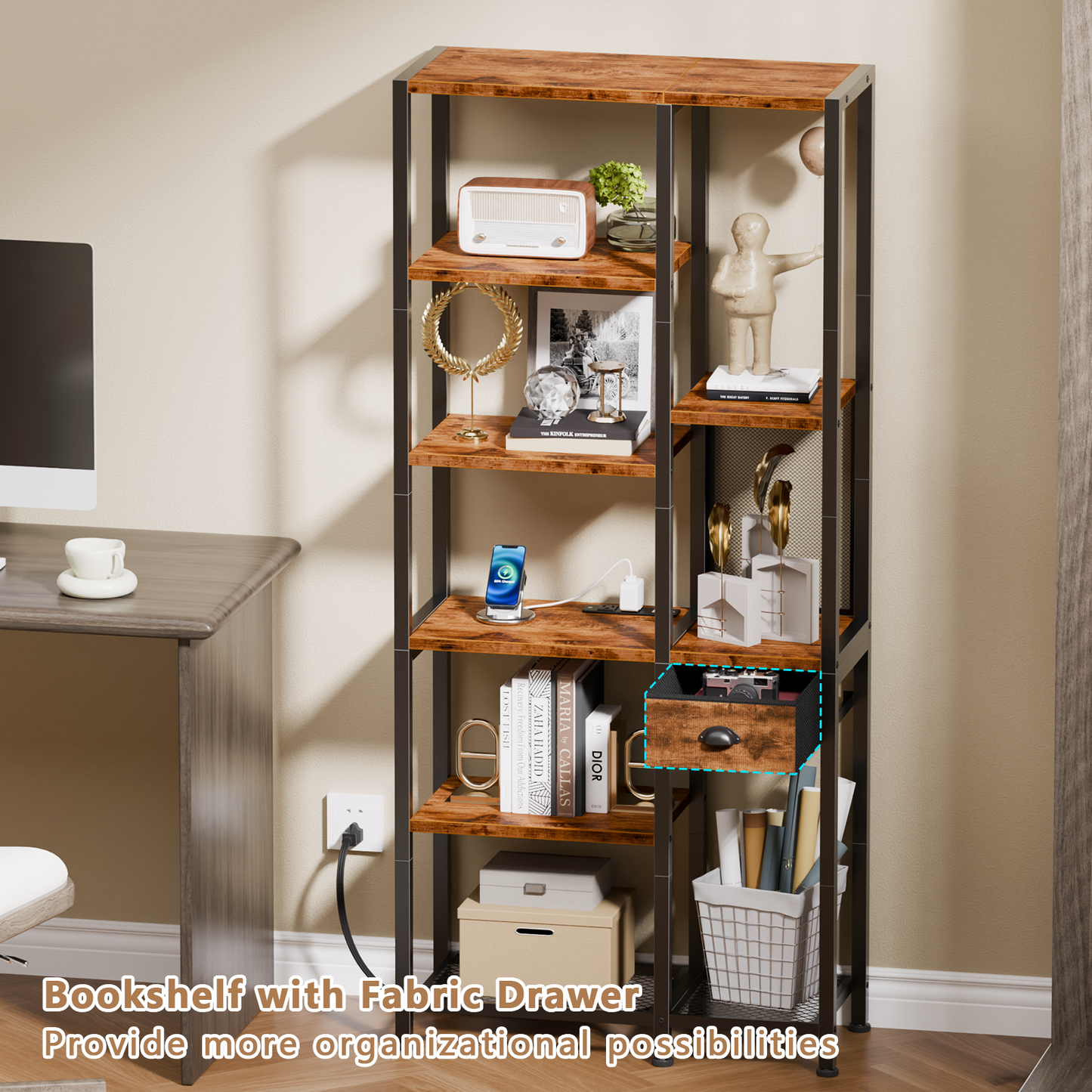 Furologee 6-Tier Bookshelf with Charging Station