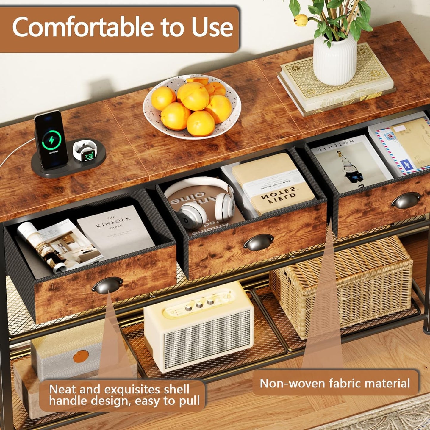 Furologee 38" Entryway Table with LED, Charging Station & 3 Fabric Drawers – Rustic Console Table with Storage Shelves