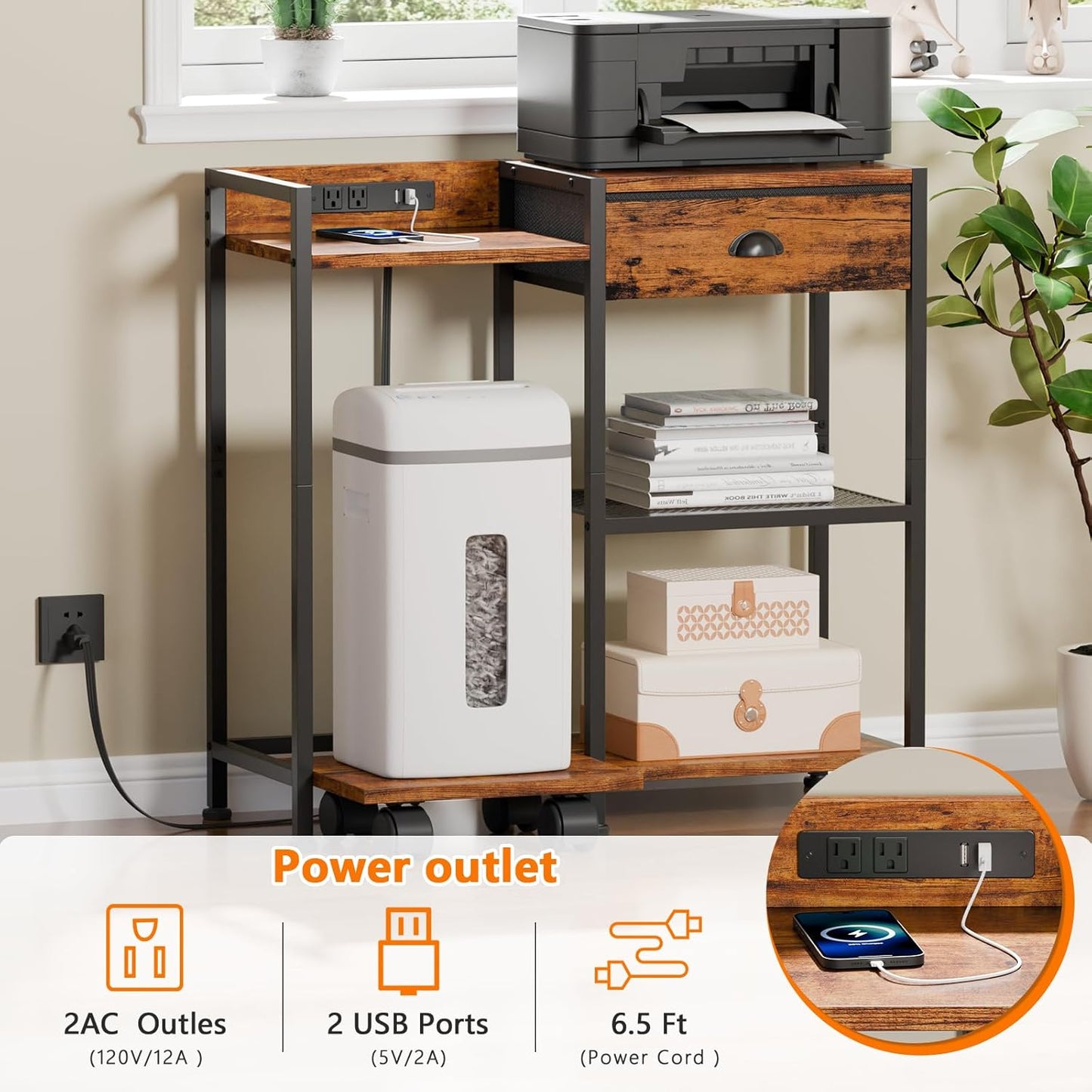 Furologee 3-Tier Printer Stand with Drawer, Charging Station & Wheels – Rustic Brown Printer Table with USB Ports for Home Office