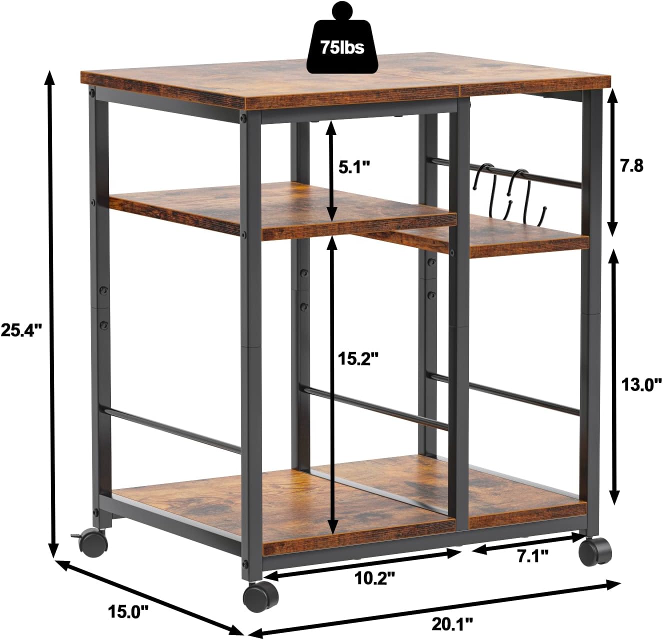 Furologee 3-Tier Mobile Printer Stand with Wheels & Storage Shelf – Rolling Under Desk Cart with Hooks for Home Office, Rustic Brown