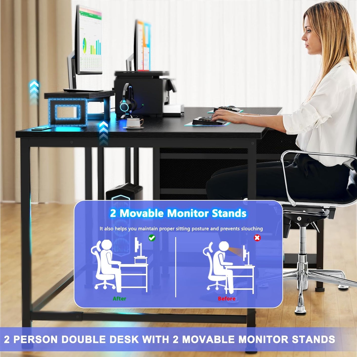Double Desk w/ Power Outlet & LED Light, 2 Monitor Stands, 4 Storage Drawers – Black