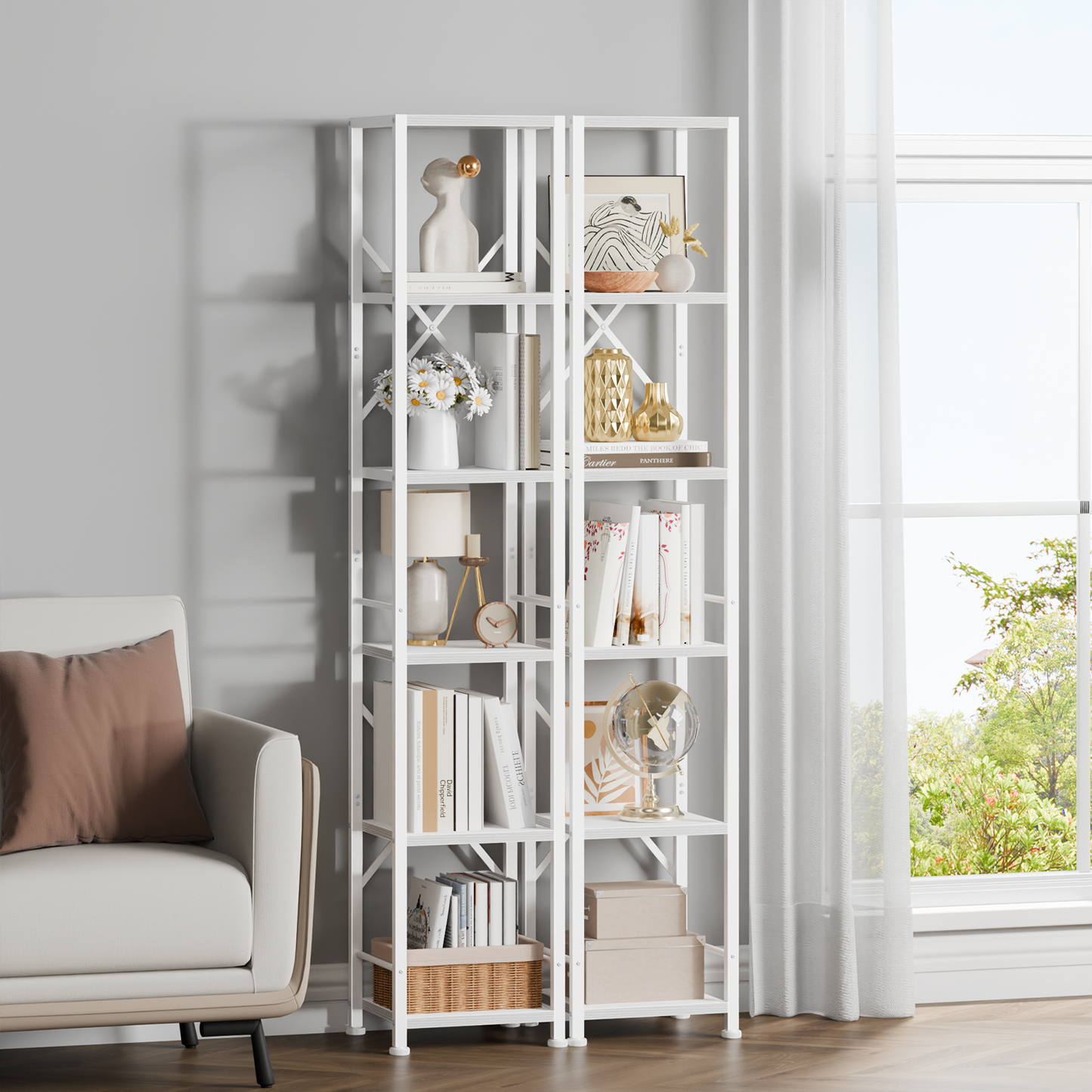 Furologee White Bookshelf 6 Tier Tall Narrow Bookcase, Modern Display Standing Shelf Unit