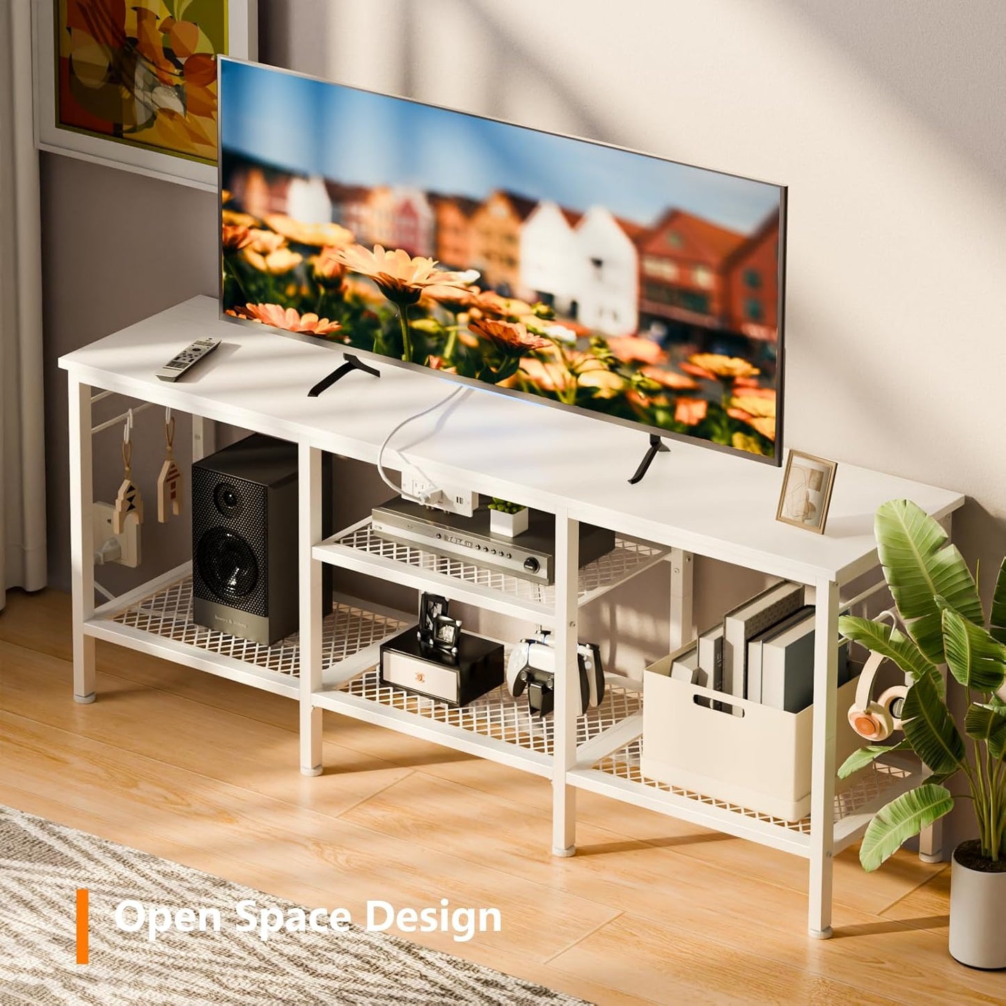 Furologee 55" TV Stand with Power Outlets, Open Storage & Soundbar Shelf – Media Console for Living Room & Bedroom