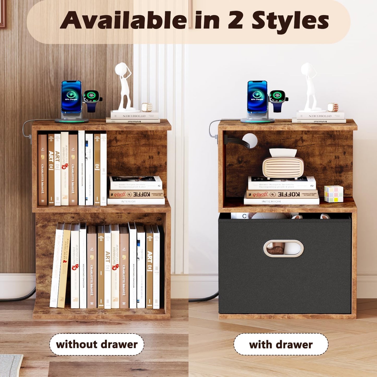 Modern 3-Tier Bedside Table with Charging Station and Storage Drawer, Wood Nightstand for Small Spaces in Bedroom or Living Room
