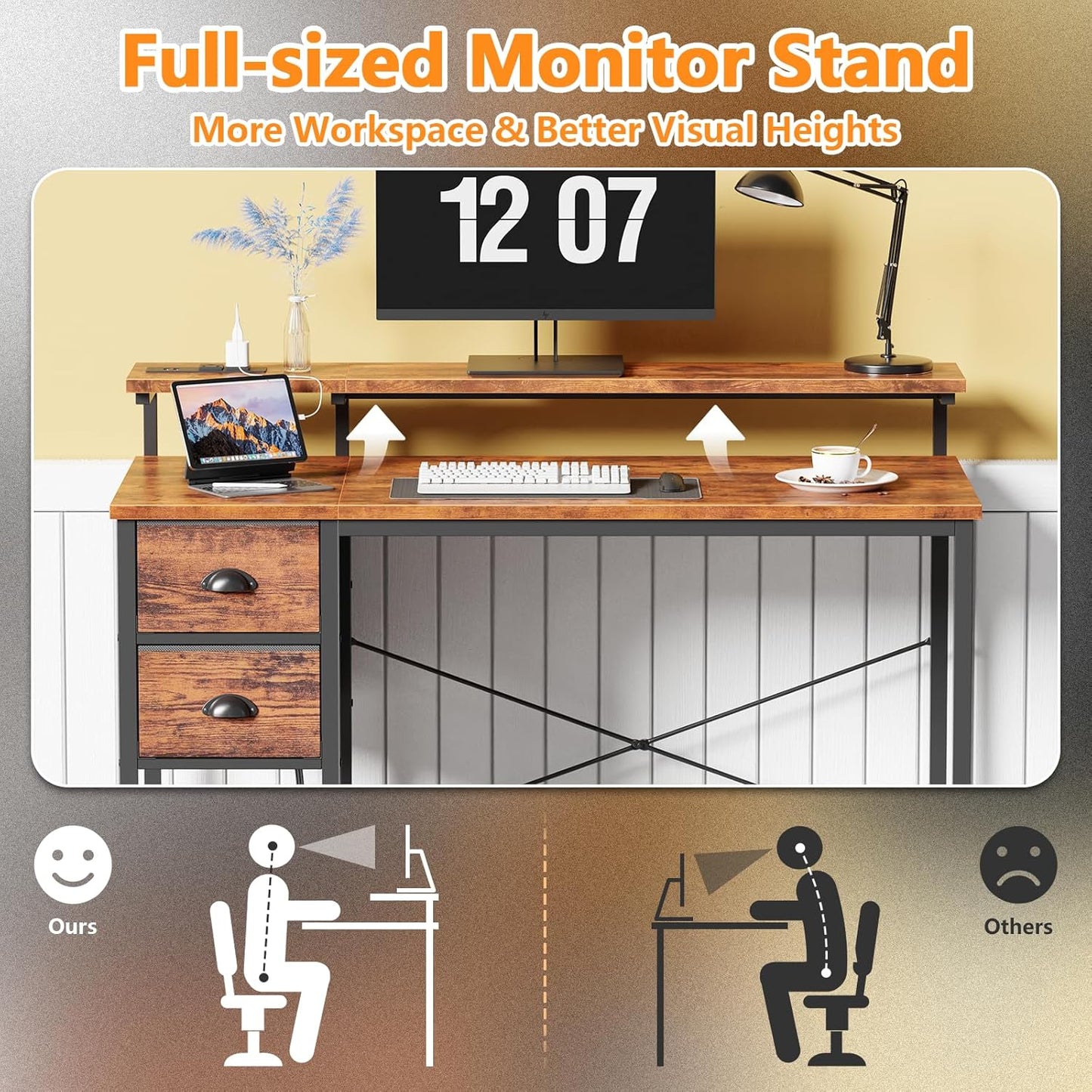 Computer Gaming Desk with Power Outlets & LED Lights, Reversible Home Office Desk with 2 Storage Drawers, Full Monitor Stand, 47 Inch Work Writing Study Table, Rustic Brown