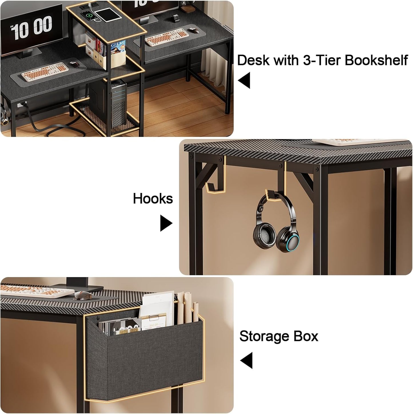 Furologee 71" Double Computer Desk with Power Outlets, Storage Bag & Headphone Hooks – Home Office Gaming or Study Table for 2