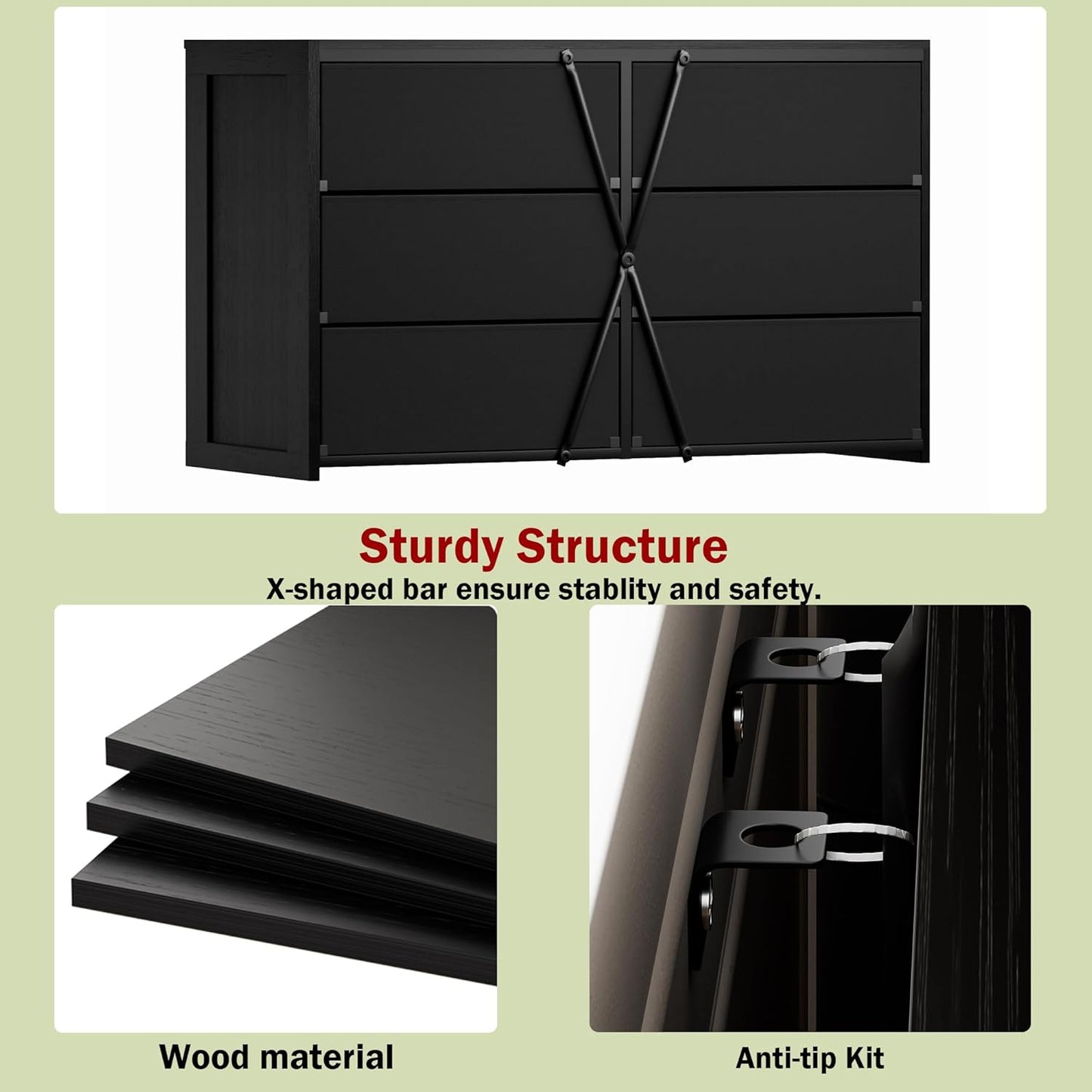 6 Drawer Dresser for Bedroom, TV Stand for 55” TV, Black Dresser for Closet, Entryway, 15.75” Deepth Fabric Drawer, Large Storage Organizer, Wooden Top and Side Board, Sturdy Steel Frame