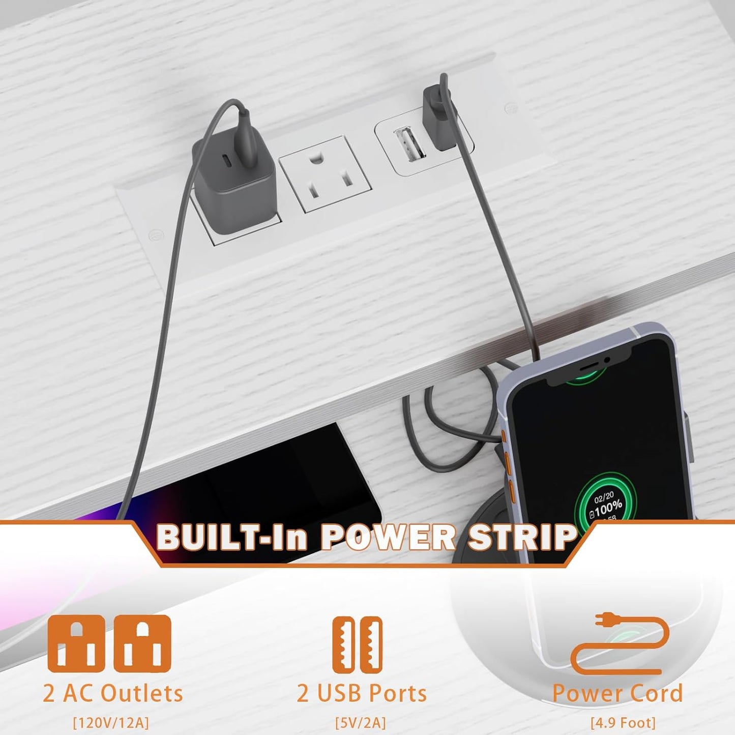 Furologee Computer Desk – 3 Drawers, Power Outlet, LED Light, Monitor Stand & Hutch, White