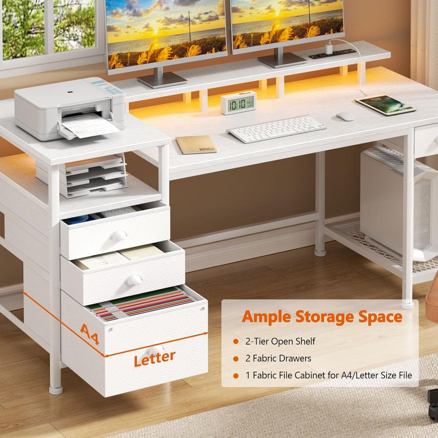 Furologee 60" Gaming Desk with LED Light & Charging Station – Dual Monitor Stands & Storage Cabinet for Home Office