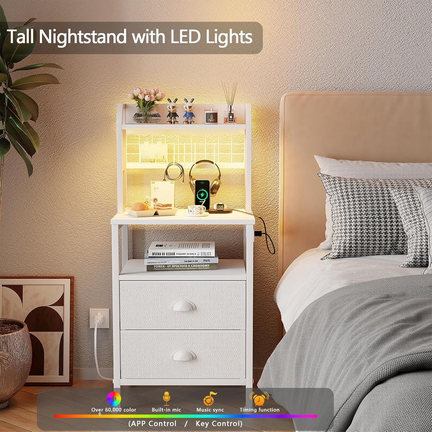 Furologee 40" Tall Nightstand with Charging Station, LED Lights & Storage – Bedside Table with Drawers & Pegboard