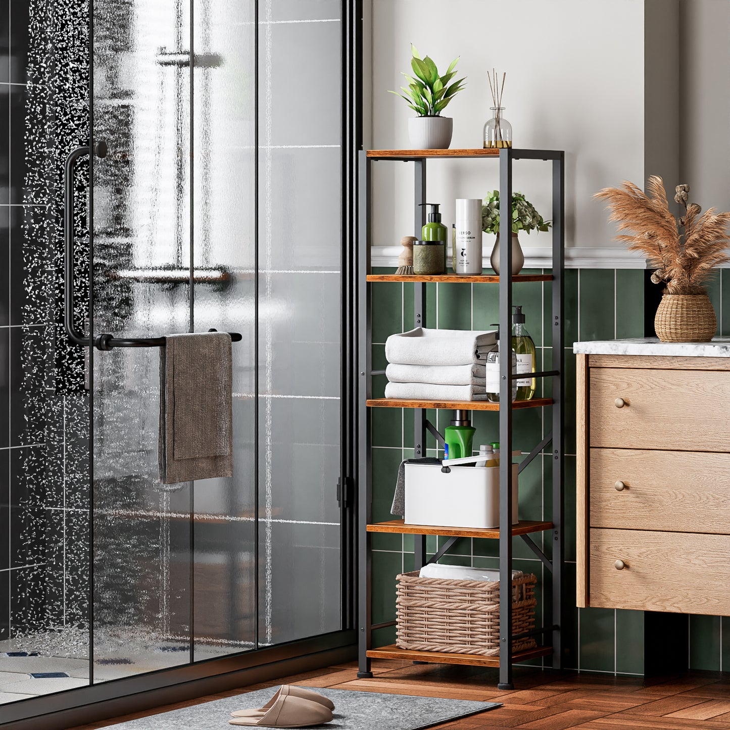 Furologee 5 Tier Tall Bookshelf, Rustic Narrow Bookcase