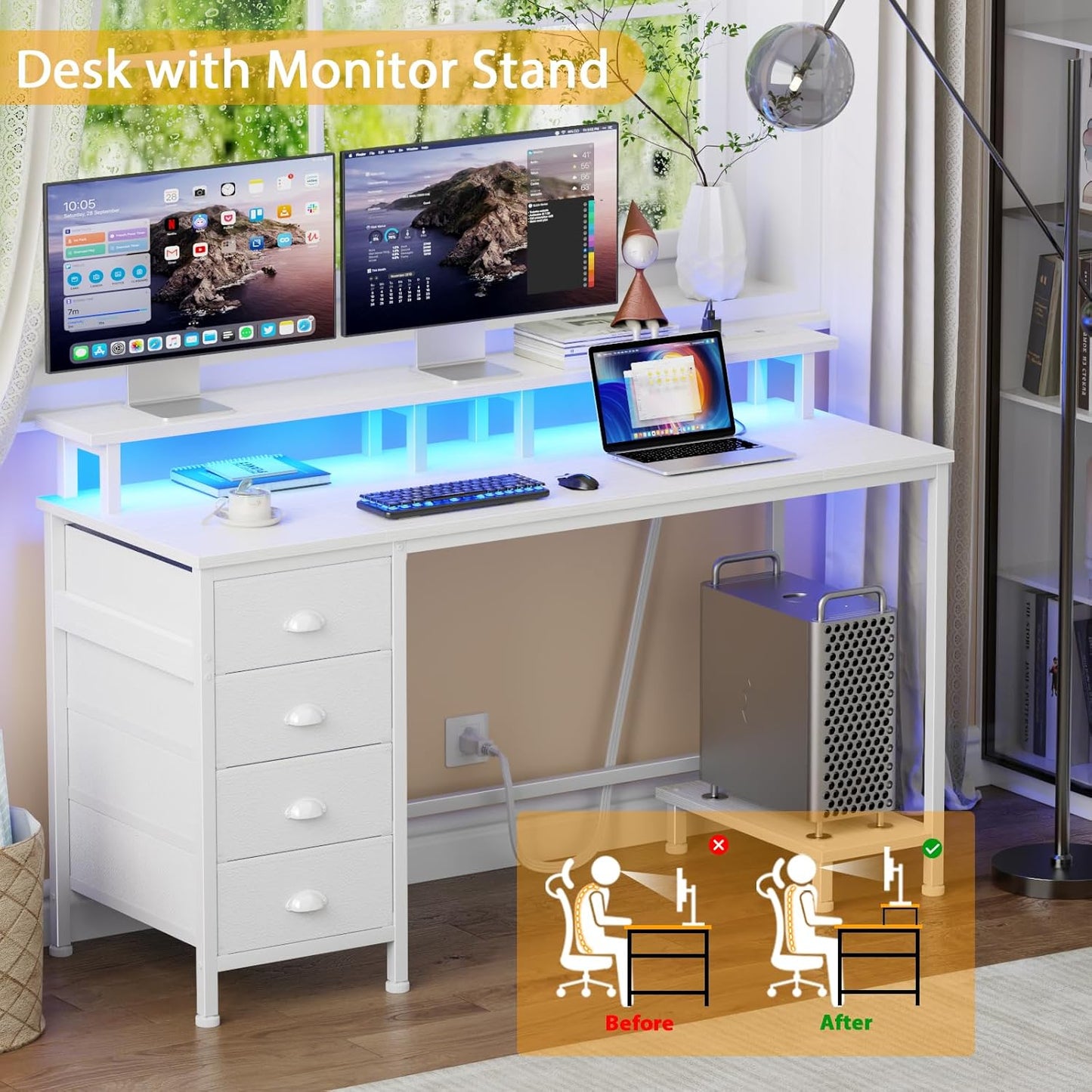 Furologee 55" Gaming Computer Desk with LED Lights, Power Outlets & 4 Fabric Drawers – Monitor Stand & Shelf for Home Office