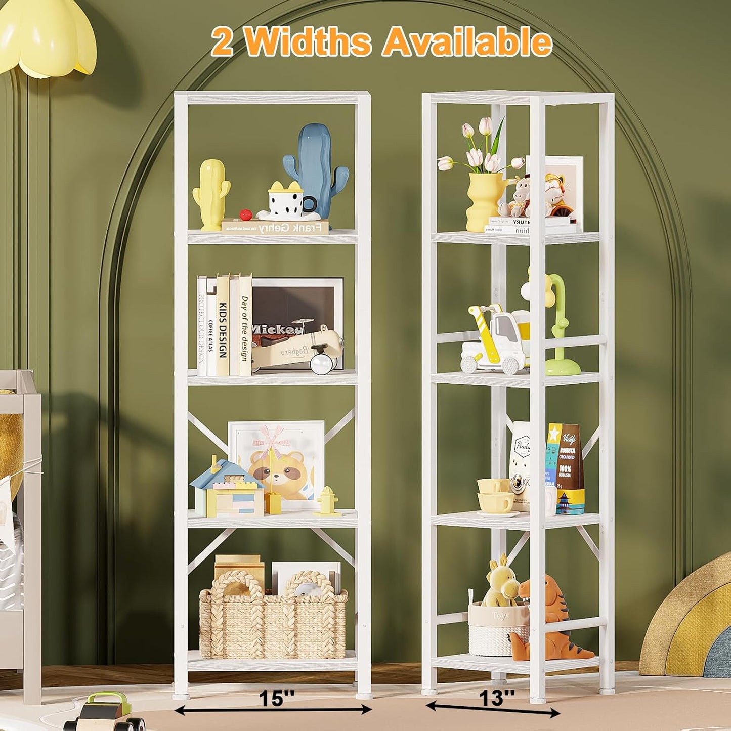 Furologee 5/6-Tier Narrow Bookshelf, Rustic Wood & Metal Display Shelf for Bedroom, Living Room, Home Office