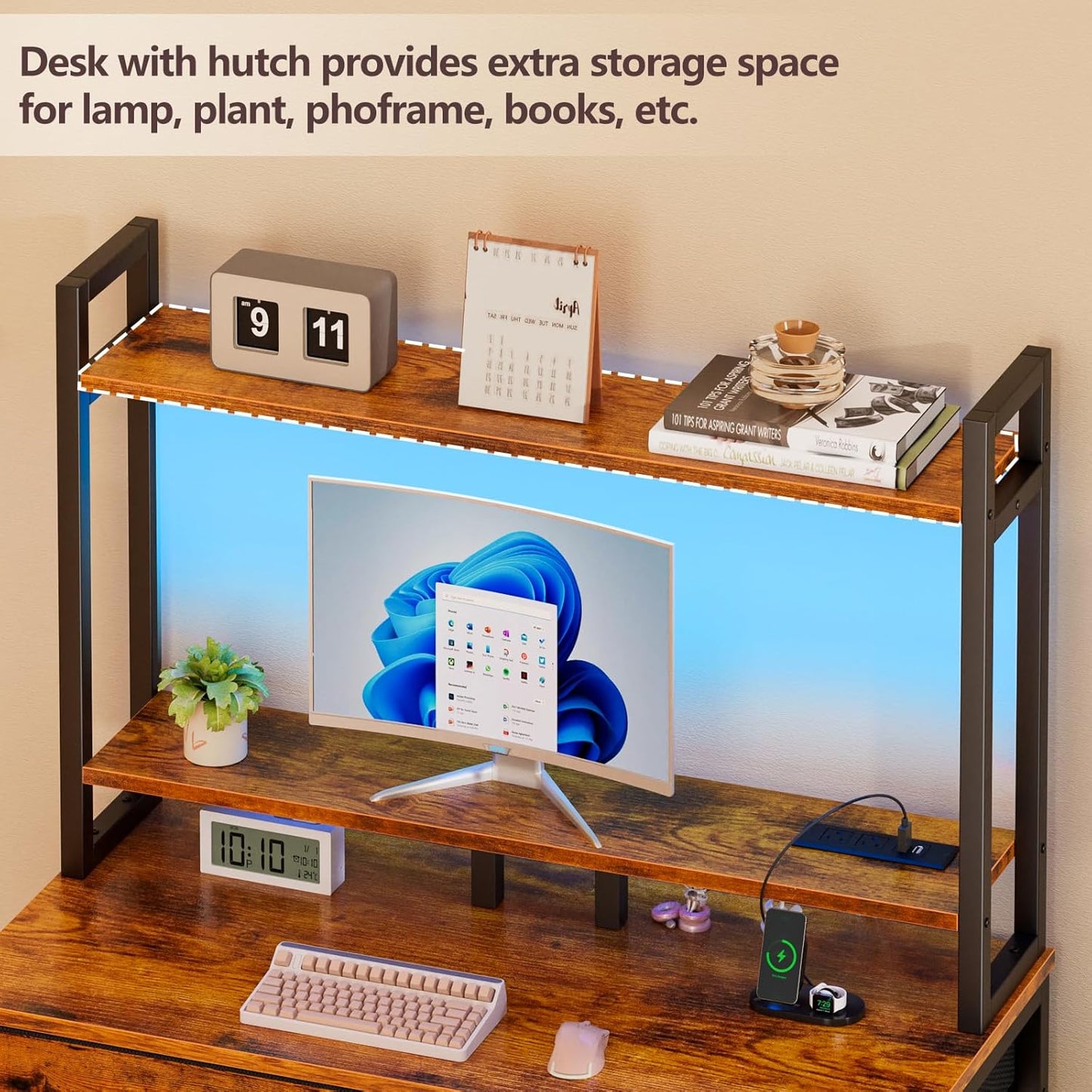 Furologee 36” Computer Desk with Hutch, LED & Power Outlet, Rustic Writing Table with Storage
