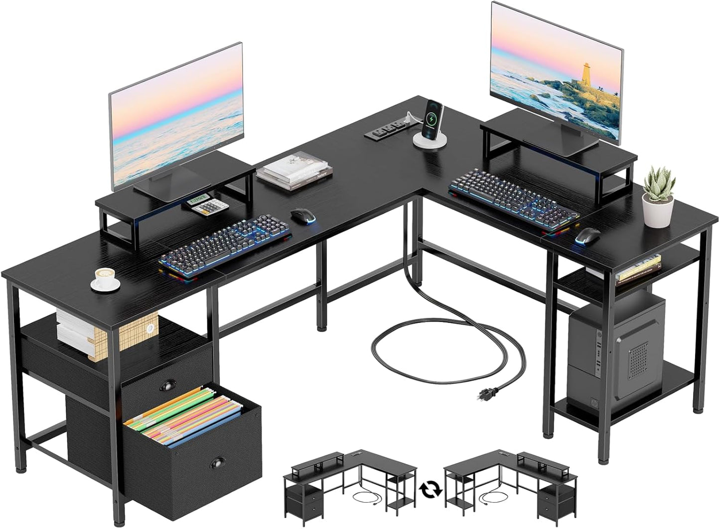 Furologee White 66” L Shaped Gaming Desk with Power Outlet