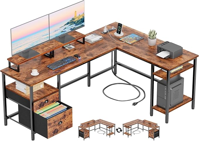 Furologee White 66” L Shaped Gaming Desk with Power Outlet