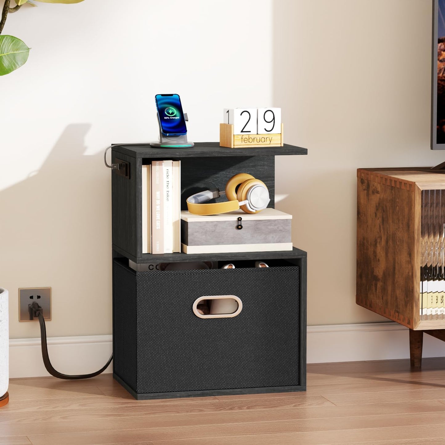 Modern 3-Tier Bedside Table with Charging Station and Storage Drawer, Wood Nightstand for Small Spaces in Bedroom or Living Room