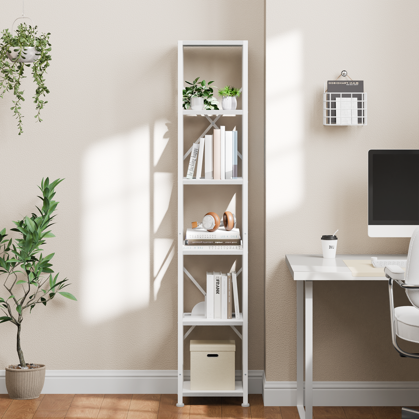 Furologee White Bookshelf 6 Tier Tall Narrow Bookcase, Modern Display Standing Shelf Unit
