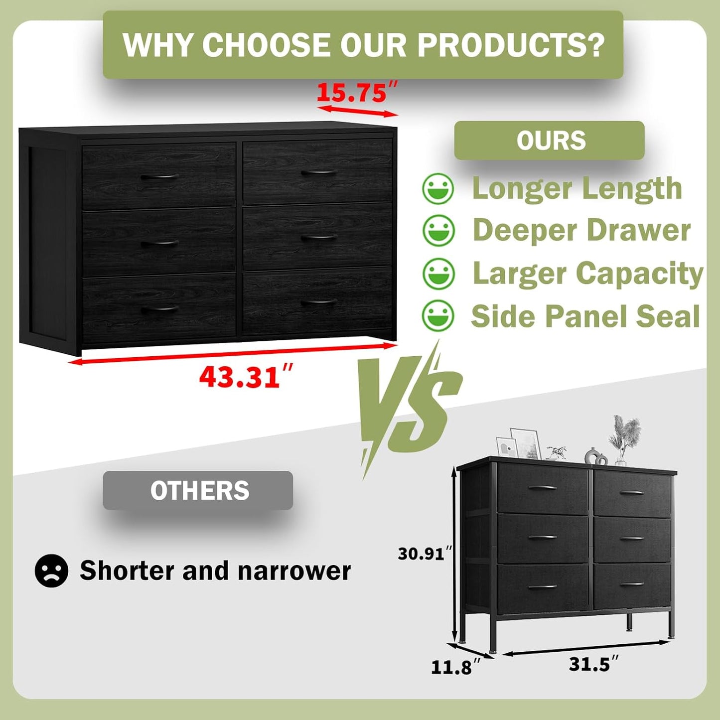 6 Drawer Dresser for Bedroom, TV Stand for 55” TV, Black Dresser for Closet, Entryway, 15.75” Deepth Fabric Drawer, Large Storage Organizer, Wooden Top and Side Board, Sturdy Steel Frame