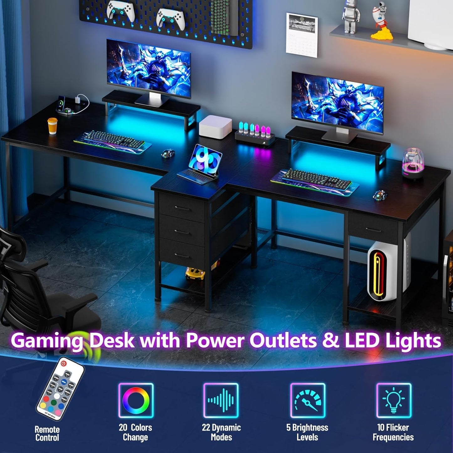 Double Desk w/ Power Outlet & LED Light, 2 Monitor Stands, 4 Storage Drawers – Black