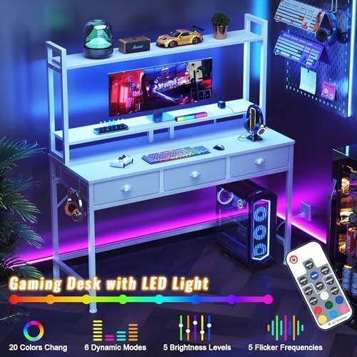 Furologee Computer Desk – 3 Drawers, Power Outlet, LED Light, Monitor Stand & Hutch, White