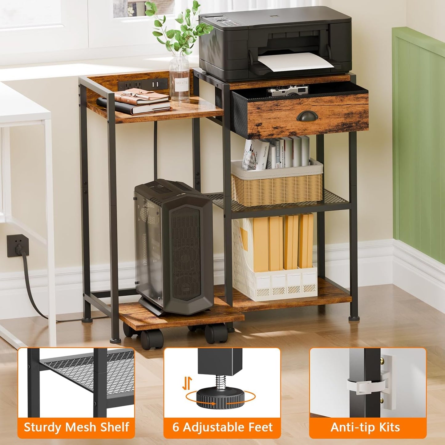 Furologee 3-Tier Printer Stand with Drawer, Charging Station & Wheels – Rustic Brown Printer Table with USB Ports for Home Office