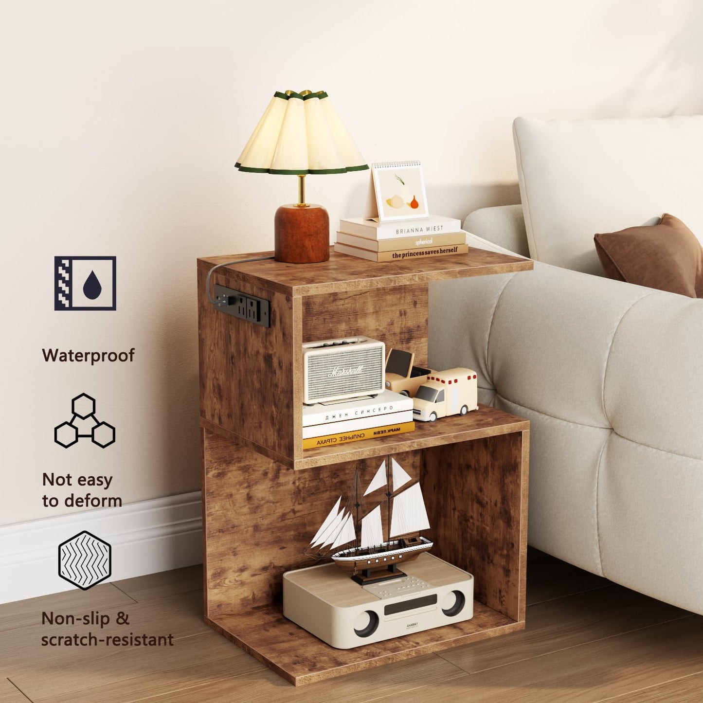Modern 3-Tier Bedside Table with Charging Station and Storage Drawer, Wood Nightstand for Small Spaces in Bedroom or Living Room