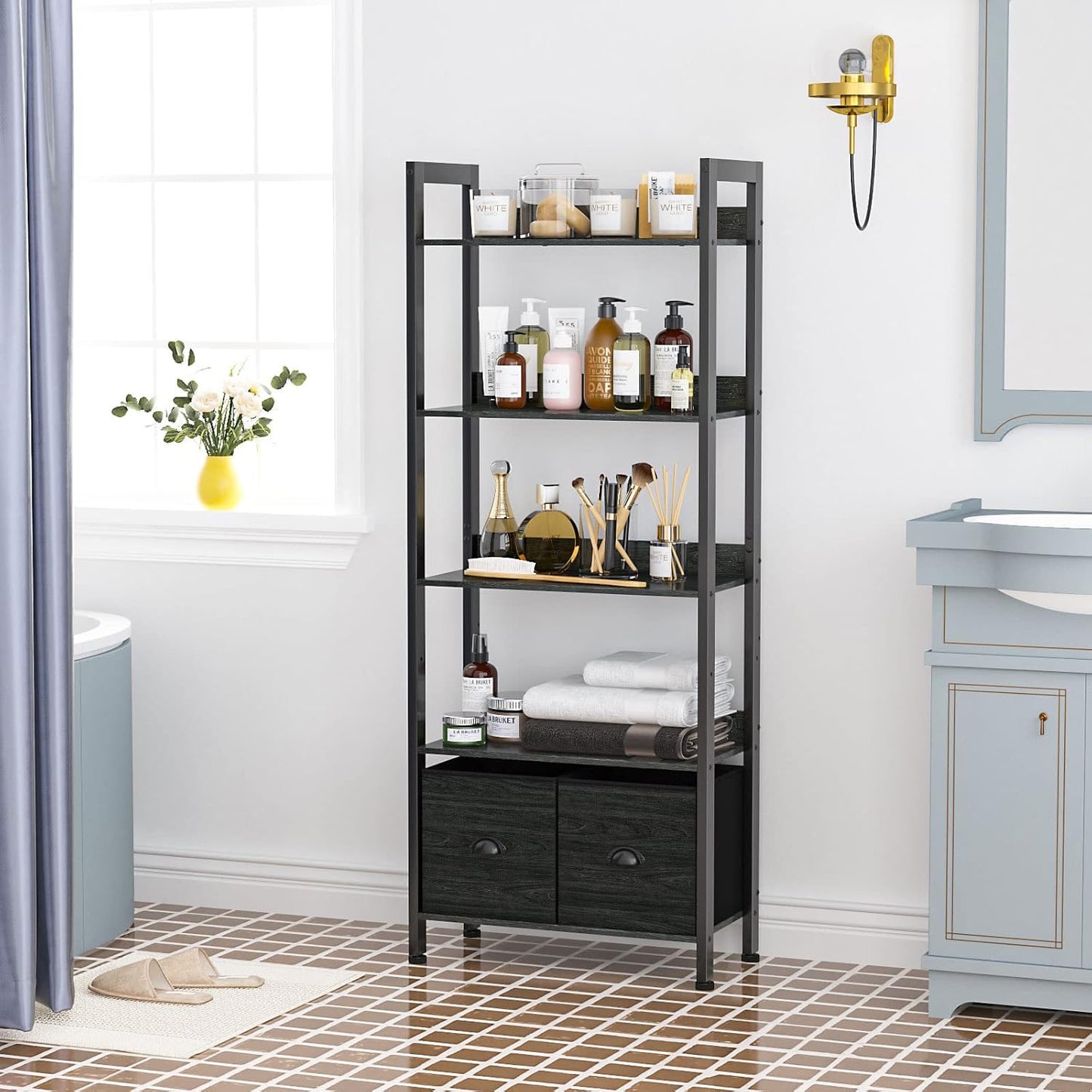 Furologee 5-Tier Bookshelf with Drawers – Tall Industrial Bookcase for Living Room or Office
