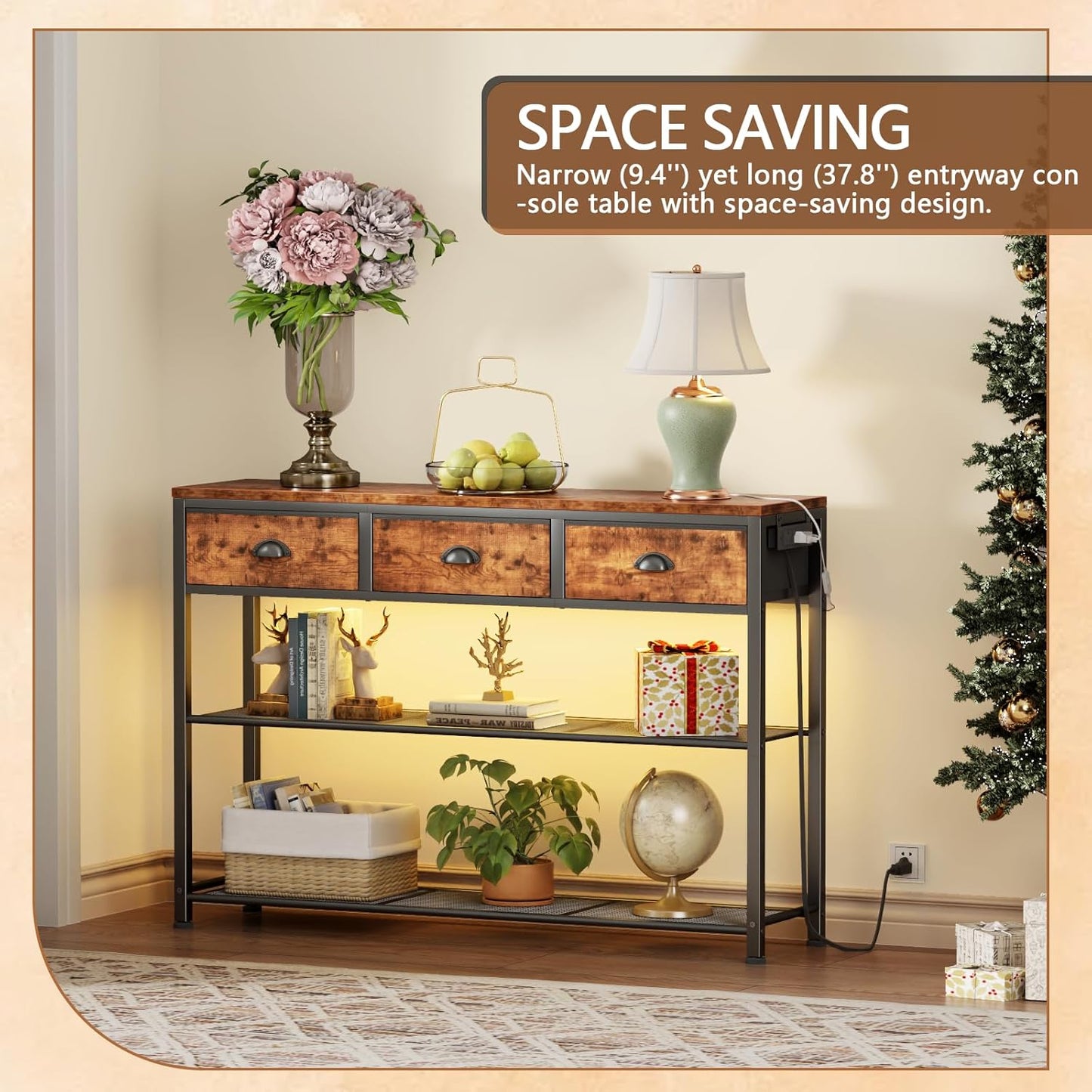 Furologee 38" Entryway Table with LED, Charging Station & 3 Fabric Drawers – Rustic Console Table with Storage Shelves