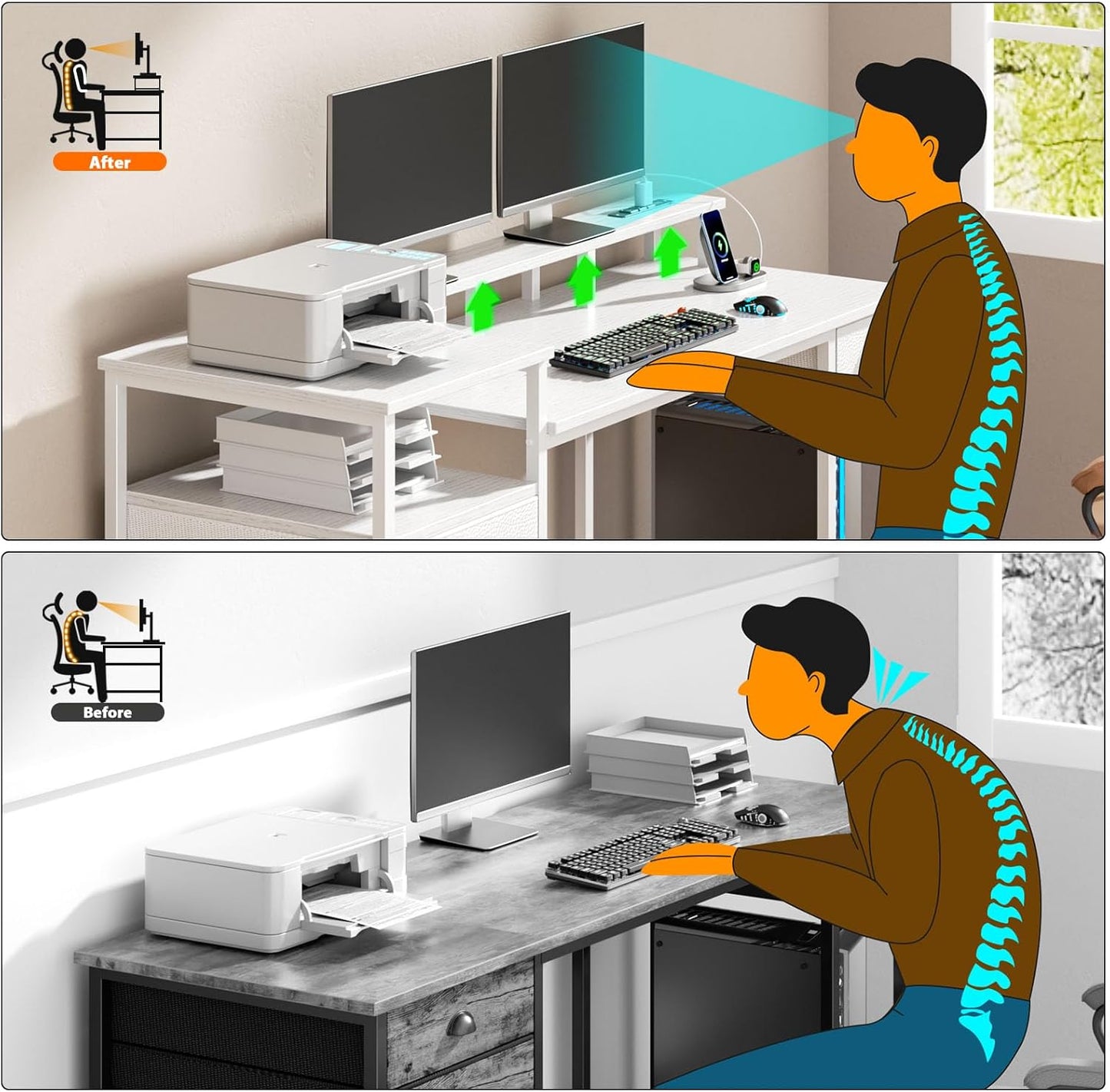 Furologee 60" Gaming Desk with LED Light & Charging Station – Dual Monitor Stands & Storage Cabinet for Home Office