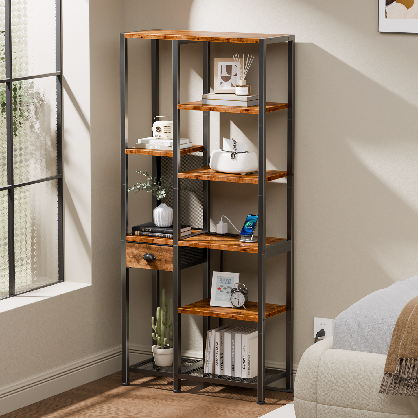 Furologee 6-Tier Bookshelf with Charging Station