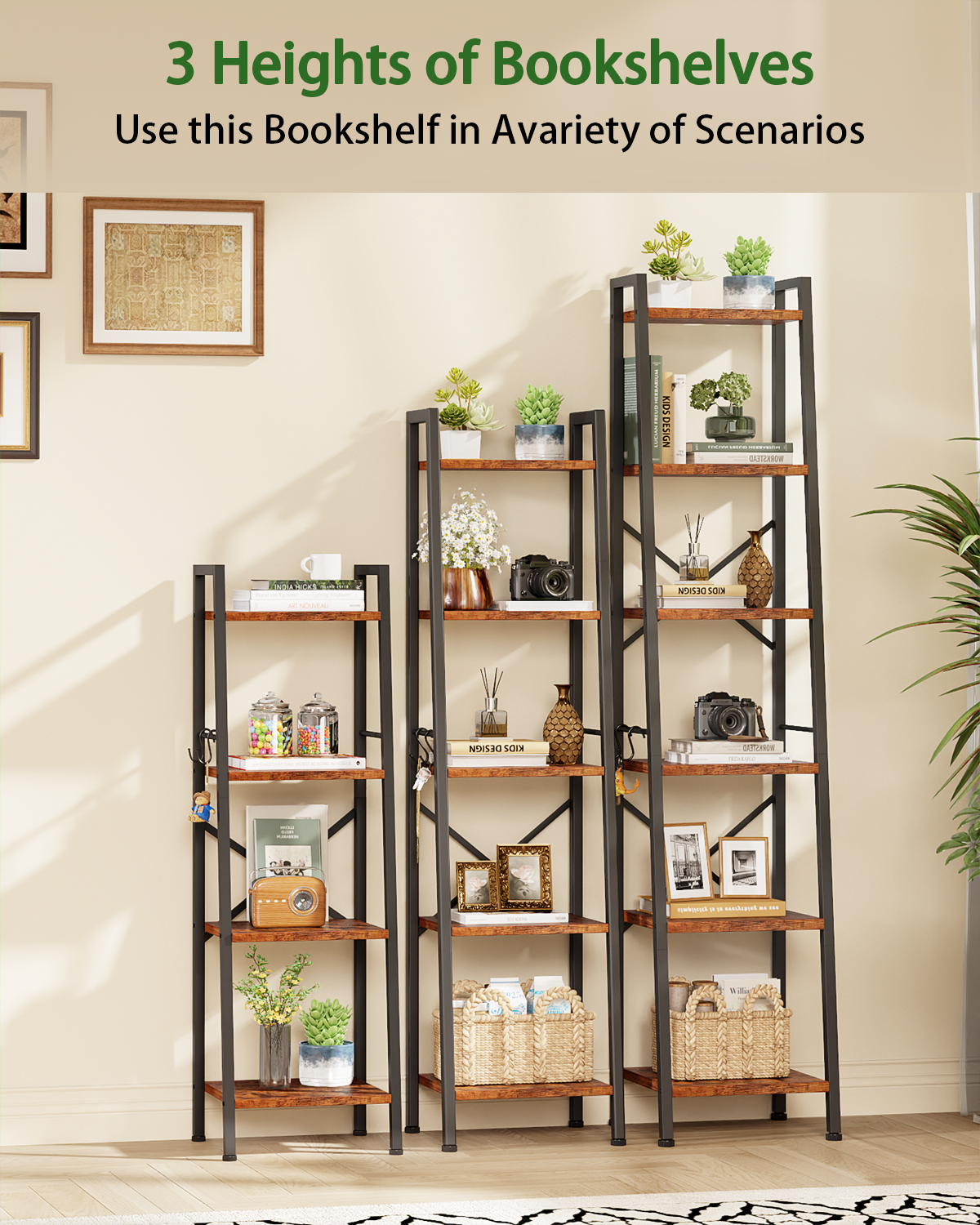 Furologee 4 Tier Ladder Bookshelf Narrow, Metal Wooden Ladder Shelf Bookcase with 2 Hooks